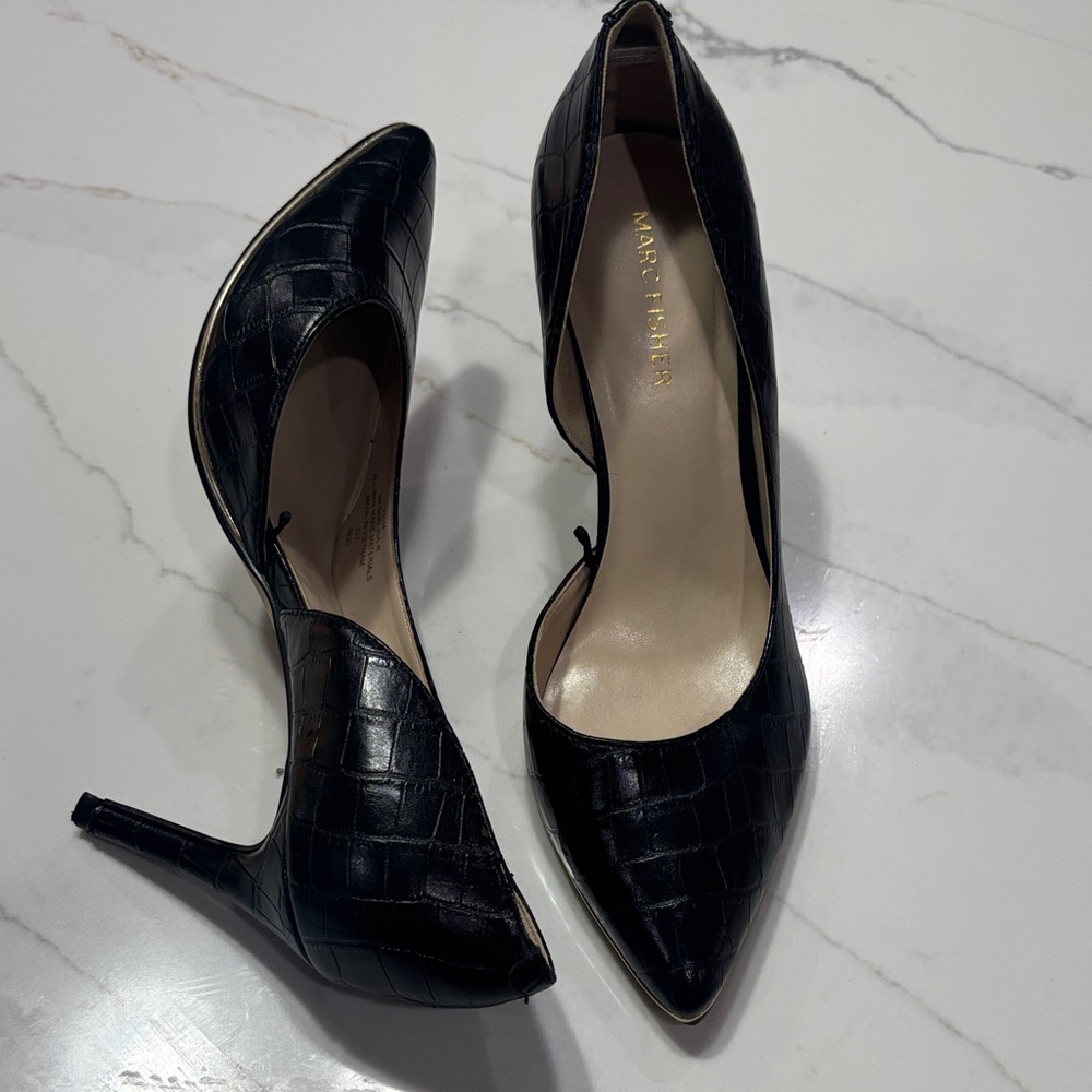 Marc Fisher Black Croc-Embossed Pointed Toe Stiletto Heels